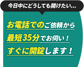 今日中に開錠したい。お電話でのご依頼から最短35分でお伺い。