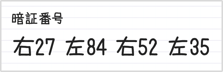 暗証番号の例。右27、左84、右52、左35